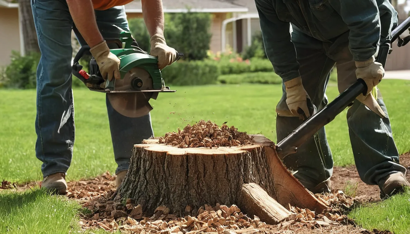 A provider grinding an old stump in a backyard in Glendora