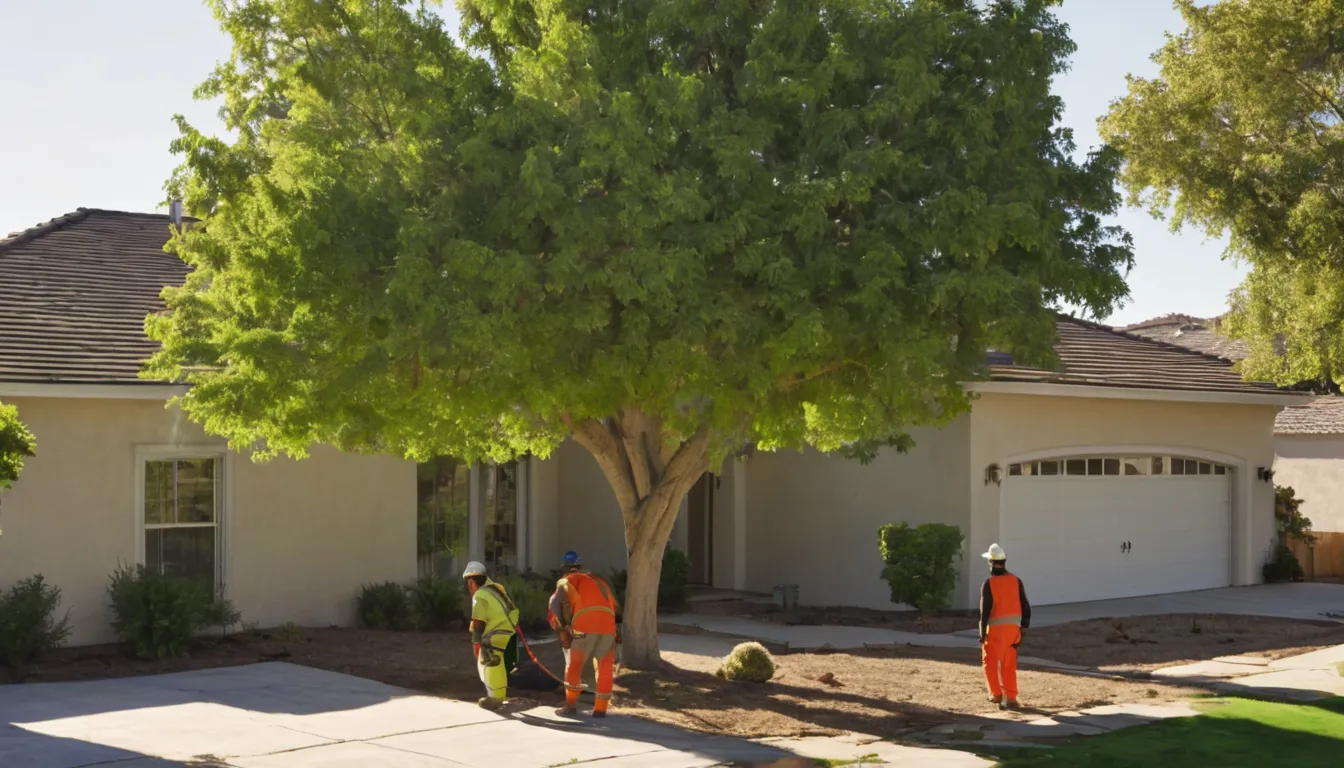 A tree removal crew taking down a large tree beside a stucco ranch home in Glendora